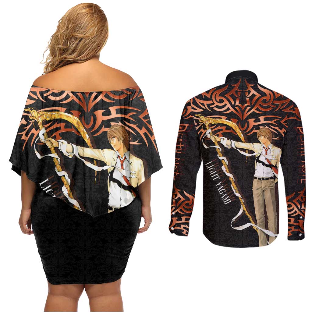 Light Yagami Death Note Couples Matching Off Shoulder Short Dress and Long Sleeve Button Shirt Tribal Anime Fusion Style