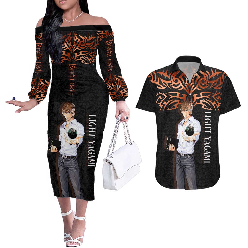 Light Yagami Death Note Couples Matching Off The Shoulder Long Sleeve Dress and Hawaiian Shirt Tribal Anime Fusion Style