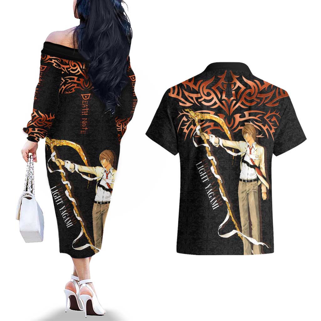 Light Yagami Death Note Couples Matching Off The Shoulder Long Sleeve Dress and Hawaiian Shirt Tribal Anime Fusion Style