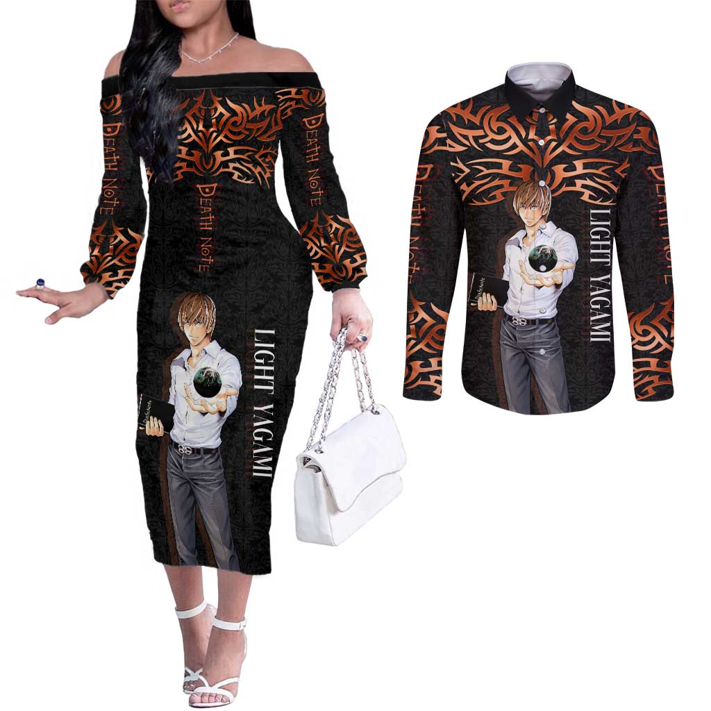 Light Yagami Death Note Couples Matching Off The Shoulder Long Sleeve Dress and Long Sleeve Button Shirt Tribal Anime Fusion Style