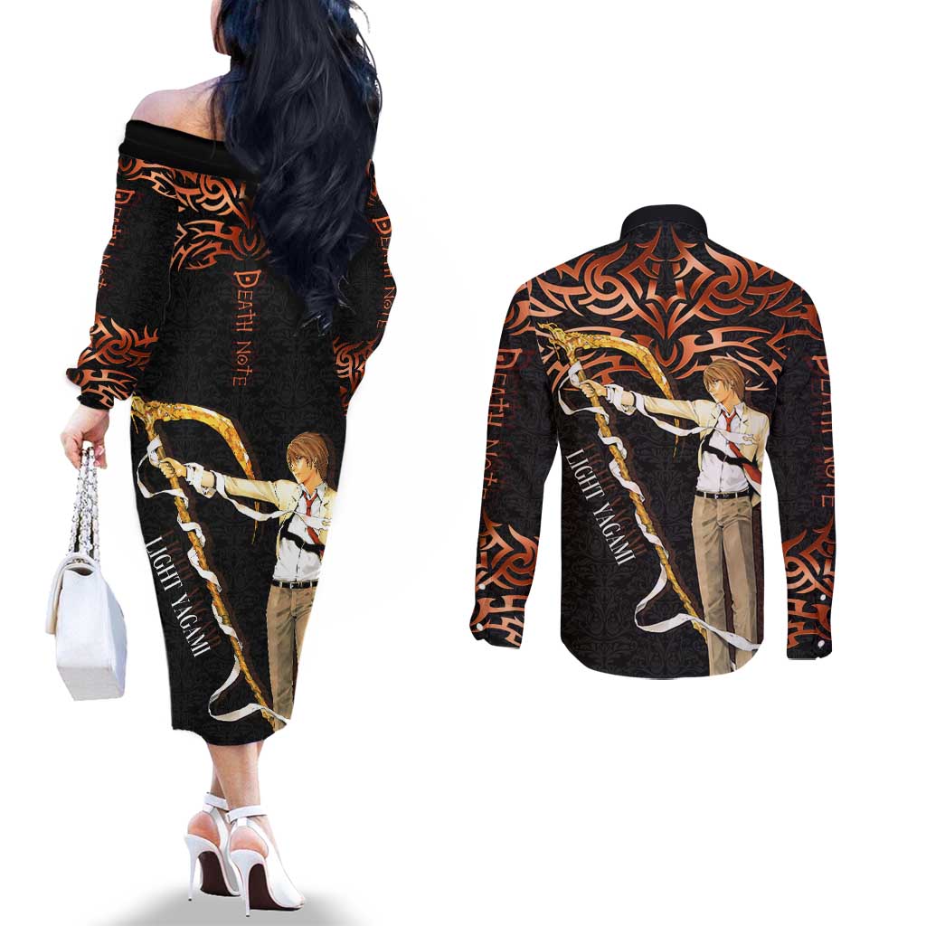 Light Yagami Death Note Couples Matching Off The Shoulder Long Sleeve Dress and Long Sleeve Button Shirt Tribal Anime Fusion Style