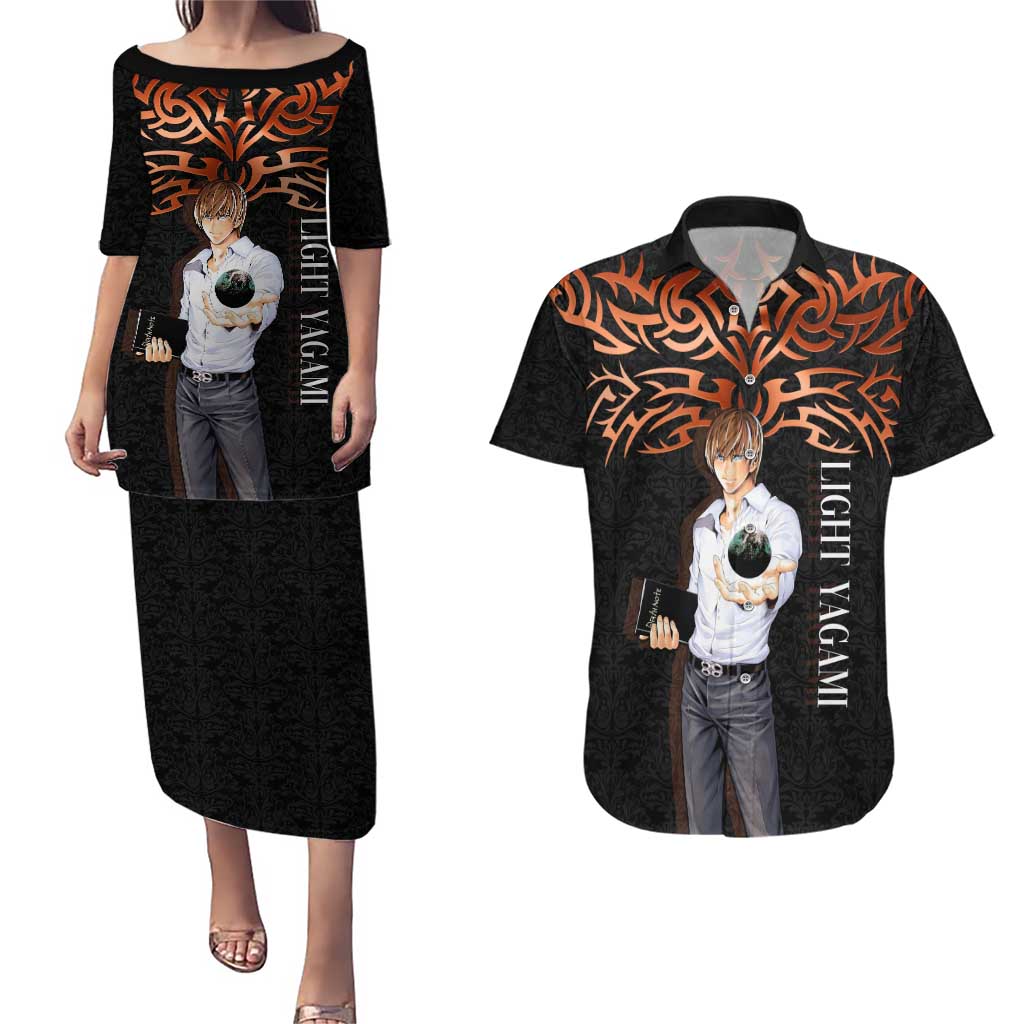 Light Yagami Death Note Couples Matching Puletasi and Hawaiian Shirt Tribal Anime Fusion Style