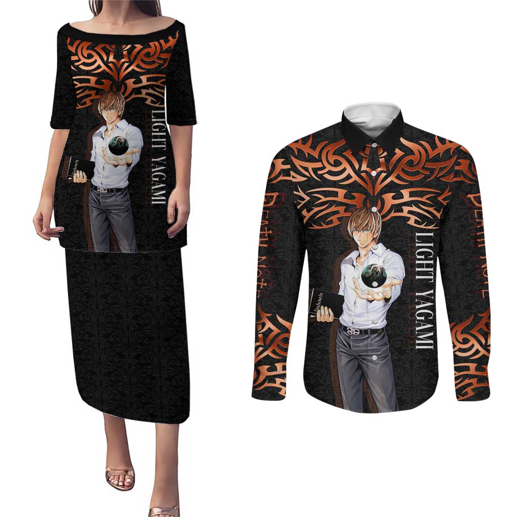 Light Yagami Death Note Couples Matching Puletasi and Long Sleeve Button Shirt Tribal Anime Fusion Style