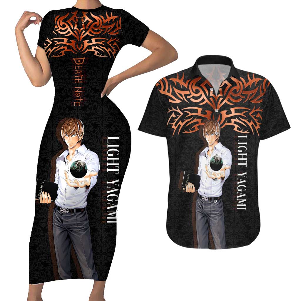 Light Yagami Death Note Couples Matching Short Sleeve Bodycon Dress and Hawaiian Shirt Tribal Anime Fusion Style