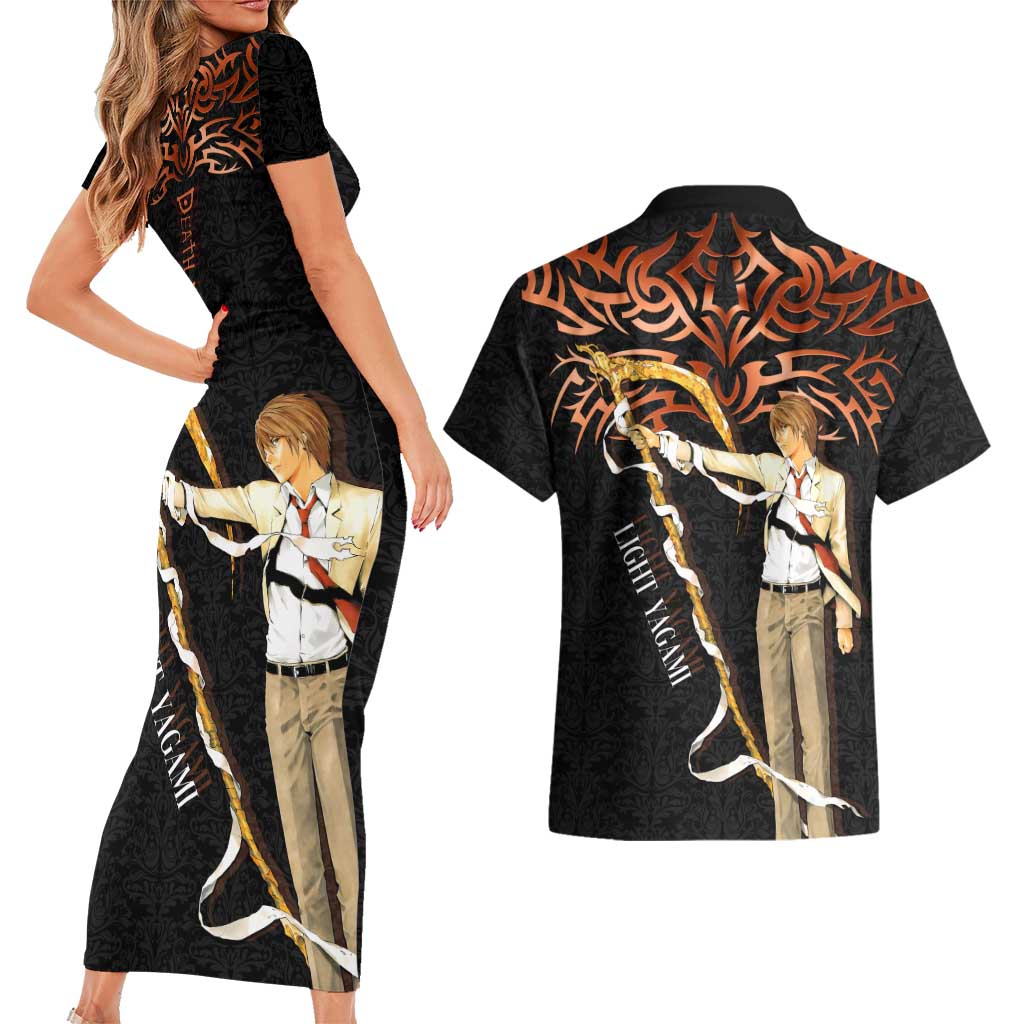 Light Yagami Death Note Couples Matching Short Sleeve Bodycon Dress and Hawaiian Shirt Tribal Anime Fusion Style