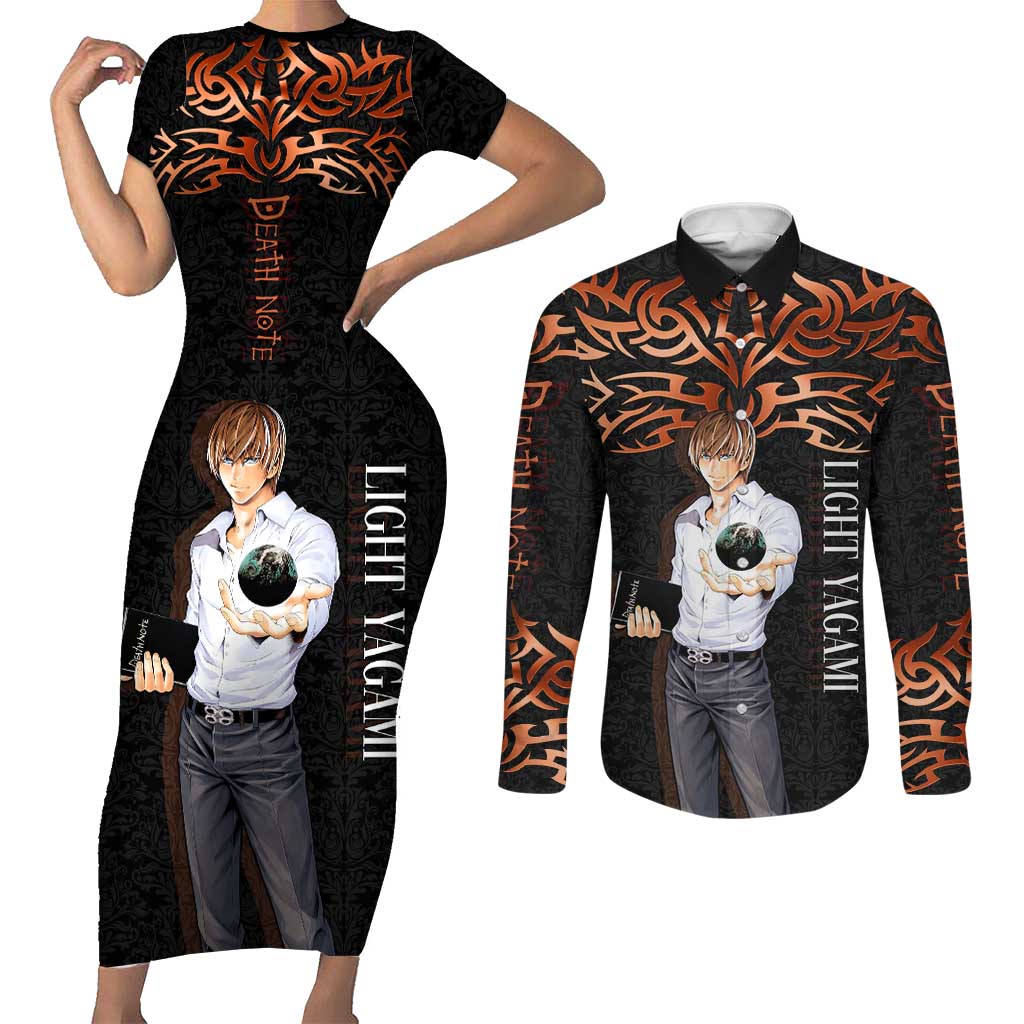 Light Yagami Death Note Couples Matching Short Sleeve Bodycon Dress and Long Sleeve Button Shirt Tribal Anime Fusion Style
