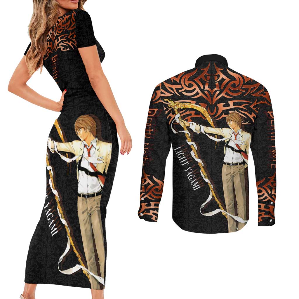 Light Yagami Death Note Couples Matching Short Sleeve Bodycon Dress and Long Sleeve Button Shirt Tribal Anime Fusion Style