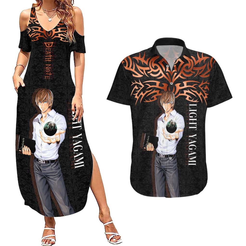 Light Yagami Death Note Couples Matching Summer Maxi Dress and Hawaiian Shirt Tribal Anime Fusion Style
