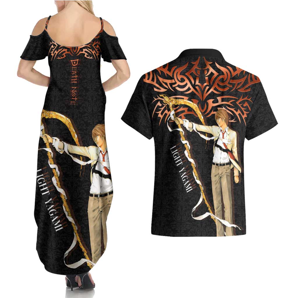 Light Yagami Death Note Couples Matching Summer Maxi Dress and Hawaiian Shirt Tribal Anime Fusion Style