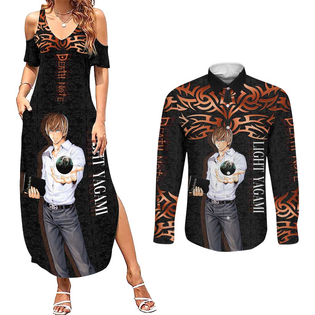 Light Yagami Death Note Couples Matching Summer Maxi Dress and Long Sleeve Button Shirt Tribal Anime Fusion Style