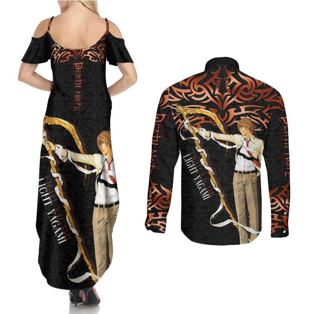 Light Yagami Death Note Couples Matching Summer Maxi Dress and Long Sleeve Button Shirt Tribal Anime Fusion Style