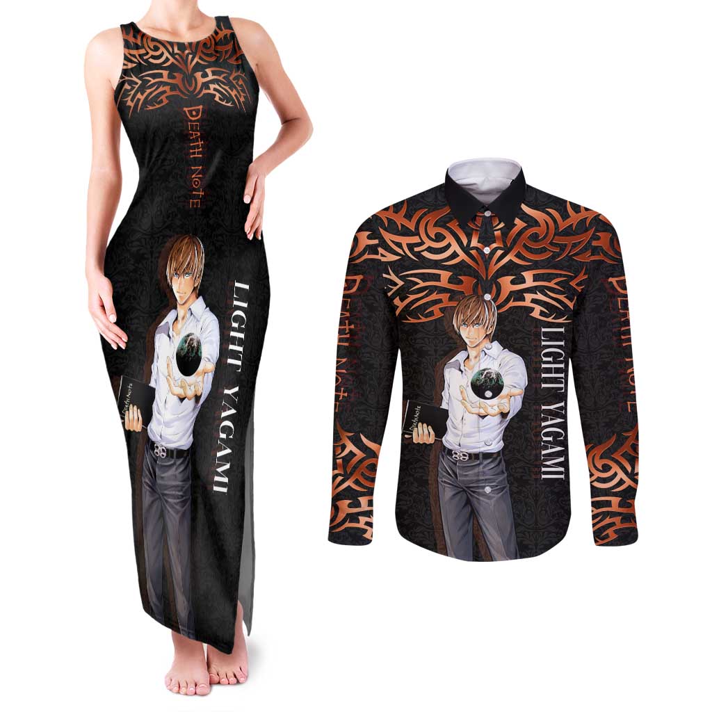 Light Yagami Death Note Couples Matching Tank Maxi Dress and Long Sleeve Button Shirt Tribal Anime Fusion Style