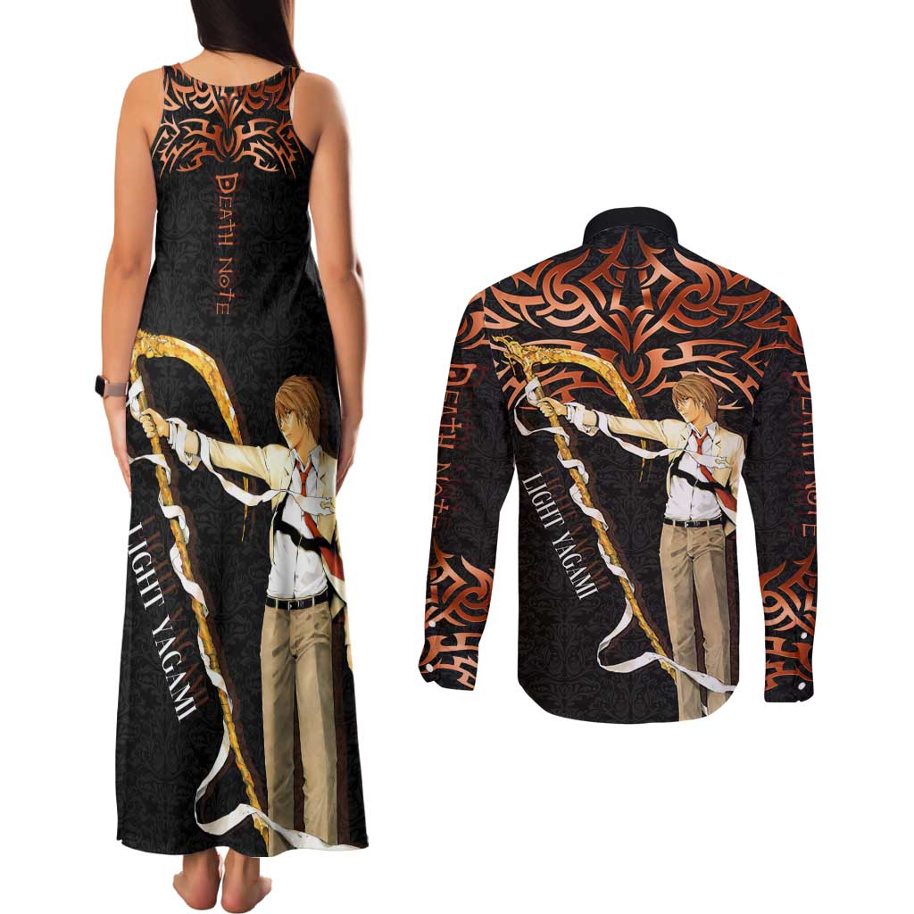 Light Yagami Death Note Couples Matching Tank Maxi Dress and Long Sleeve Button Shirt Tribal Anime Fusion Style
