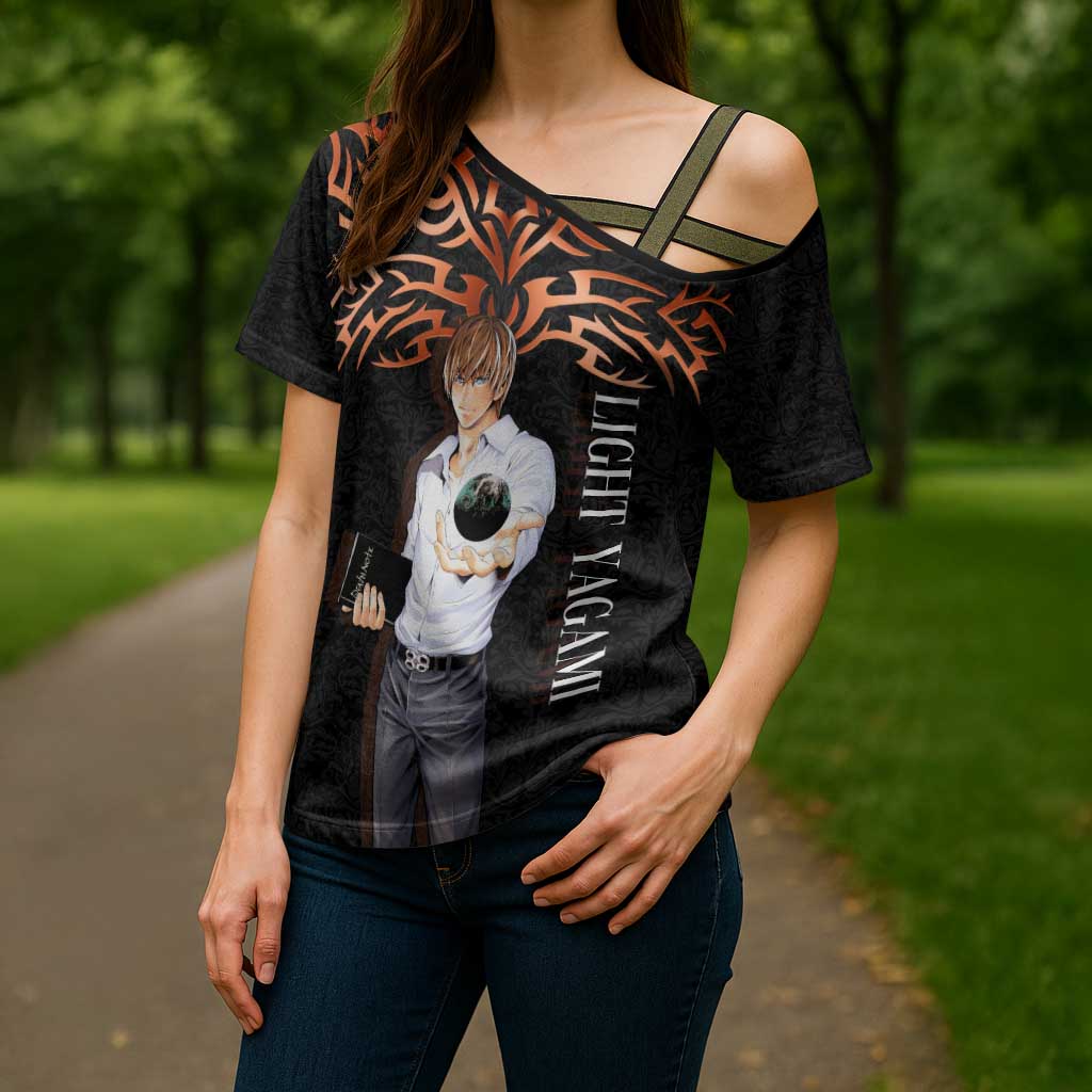 Light Yagami Death Note Cross Shoulder Shirt Tribal Anime Fusion Style