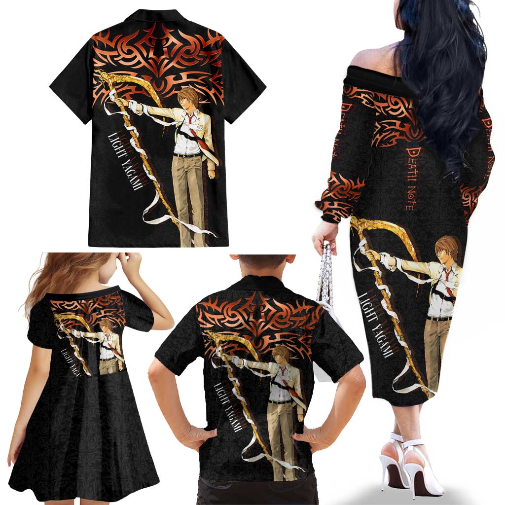 Light Yagami Death Note Family Matching Off The Shoulder Long Sleeve Dress and Hawaiian Shirt Tribal Anime Fusion Style