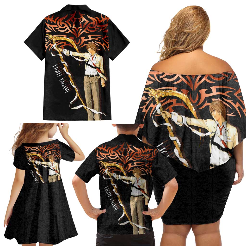 Light Yagami Death Note Family Matching Off Shoulder Short Dress and Hawaiian Shirt Tribal Anime Fusion Style