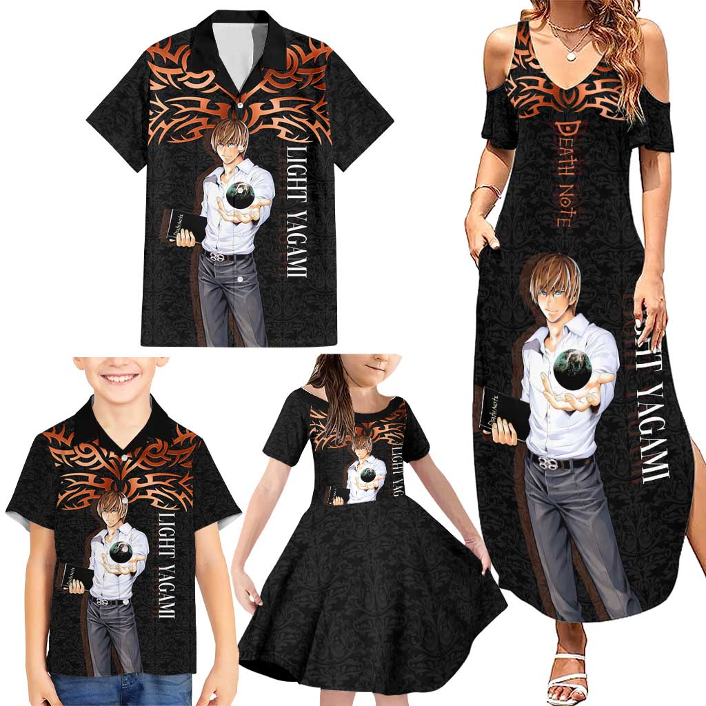 Light Yagami Death Note Family Matching Summer Maxi Dress and Hawaiian Shirt Tribal Anime Fusion Style