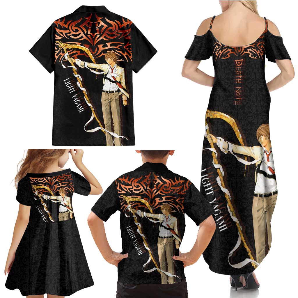 Light Yagami Death Note Family Matching Summer Maxi Dress and Hawaiian Shirt Tribal Anime Fusion Style
