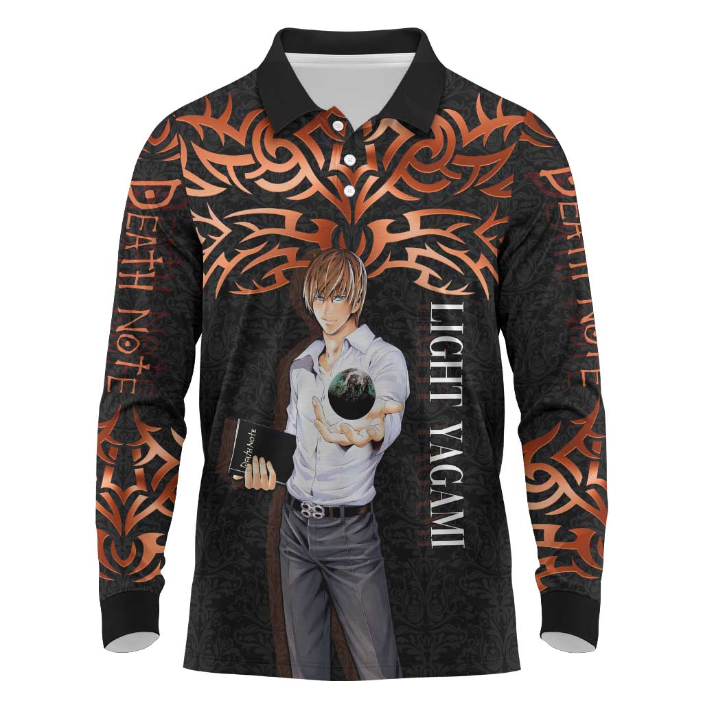 Light Yagami Death Note Long Sleeve Polo Shirt Tribal Anime Fusion Style