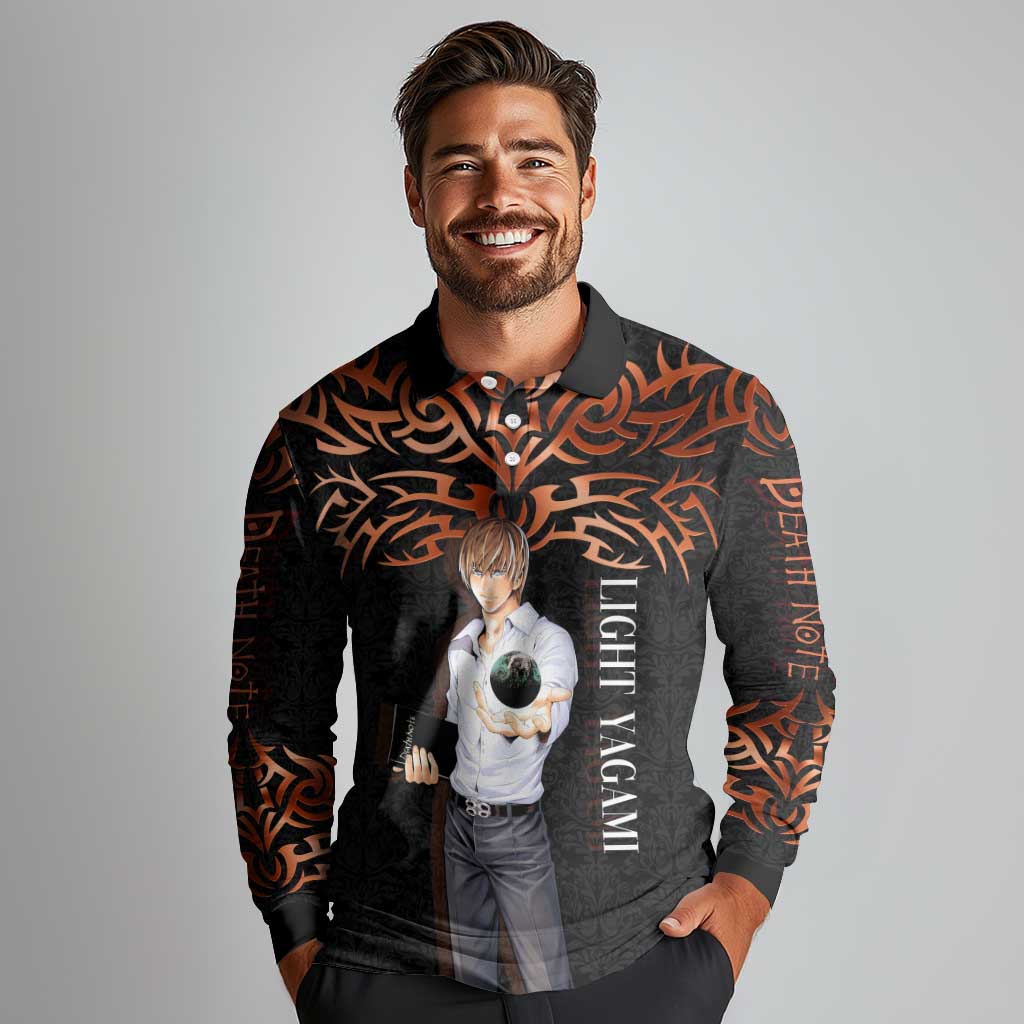 Light Yagami Death Note Long Sleeve Polo Shirt Tribal Anime Fusion Style