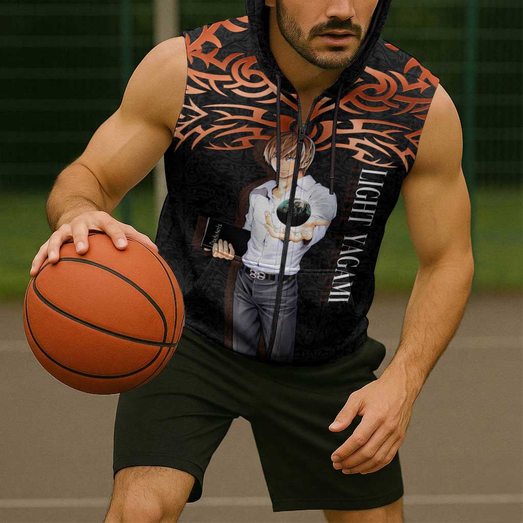 Light Yagami Death Note Sleeveless Zip Hoodie Tribal Anime Fusion Style