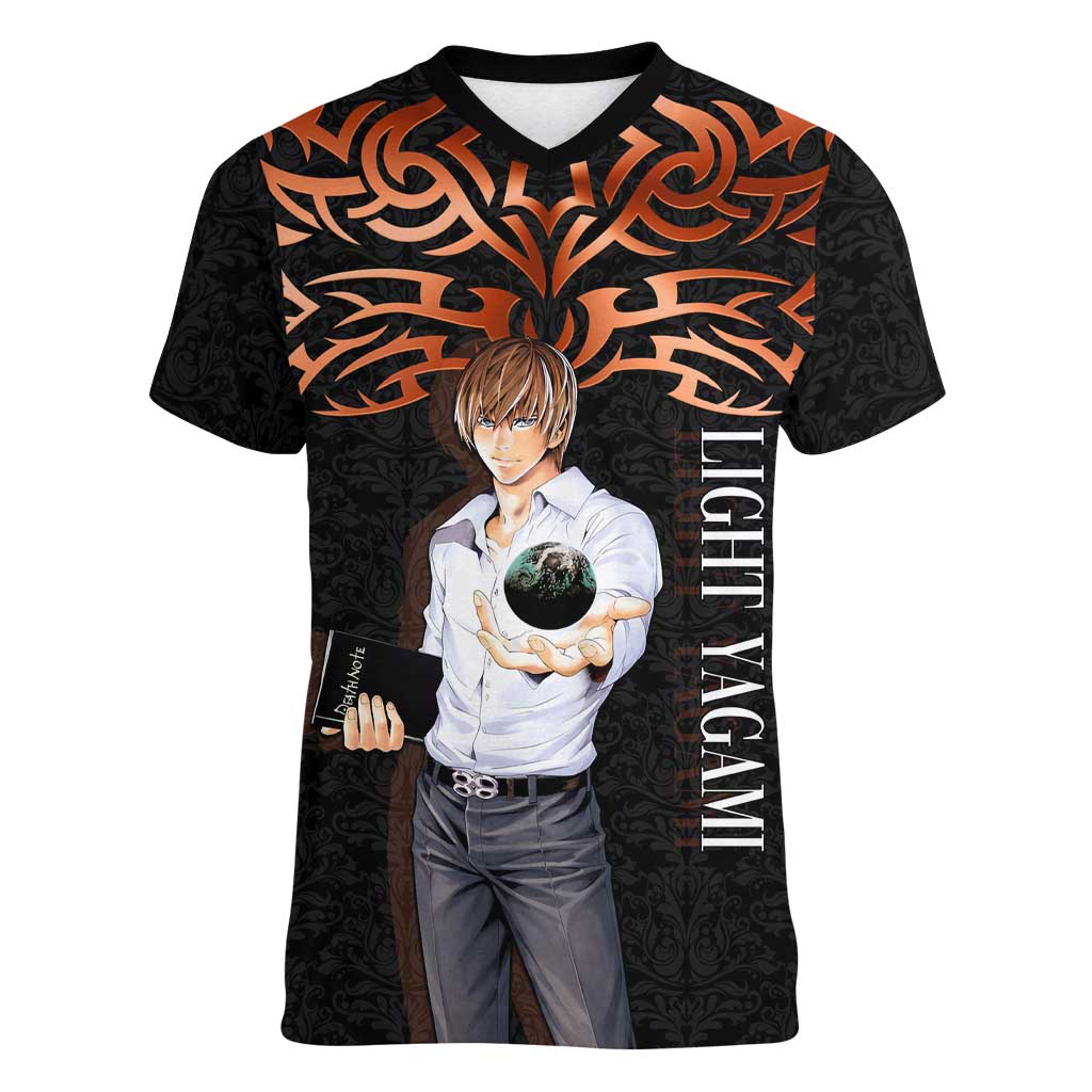 Light Yagami Death Note Women V-Neck T-Shirt Tribal Anime Fusion Style