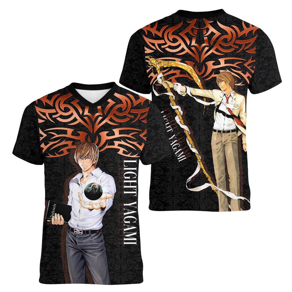 Light Yagami Death Note Women V-Neck T-Shirt Tribal Anime Fusion Style