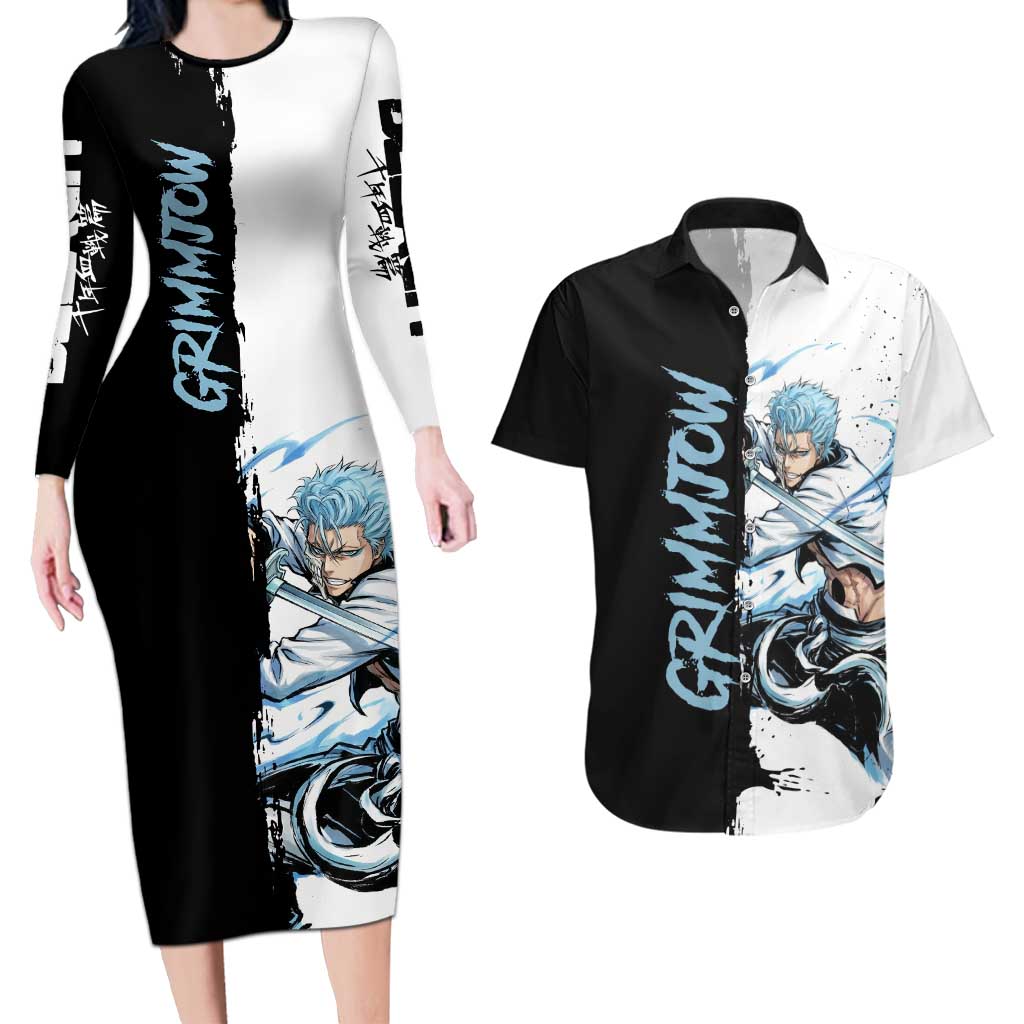 Personalized Grimmjow Jaegerjaquez Couples Matching Long Sleeve Bodycon Dress and Hawaiian Shirt Ink Splash Anime Brush Style