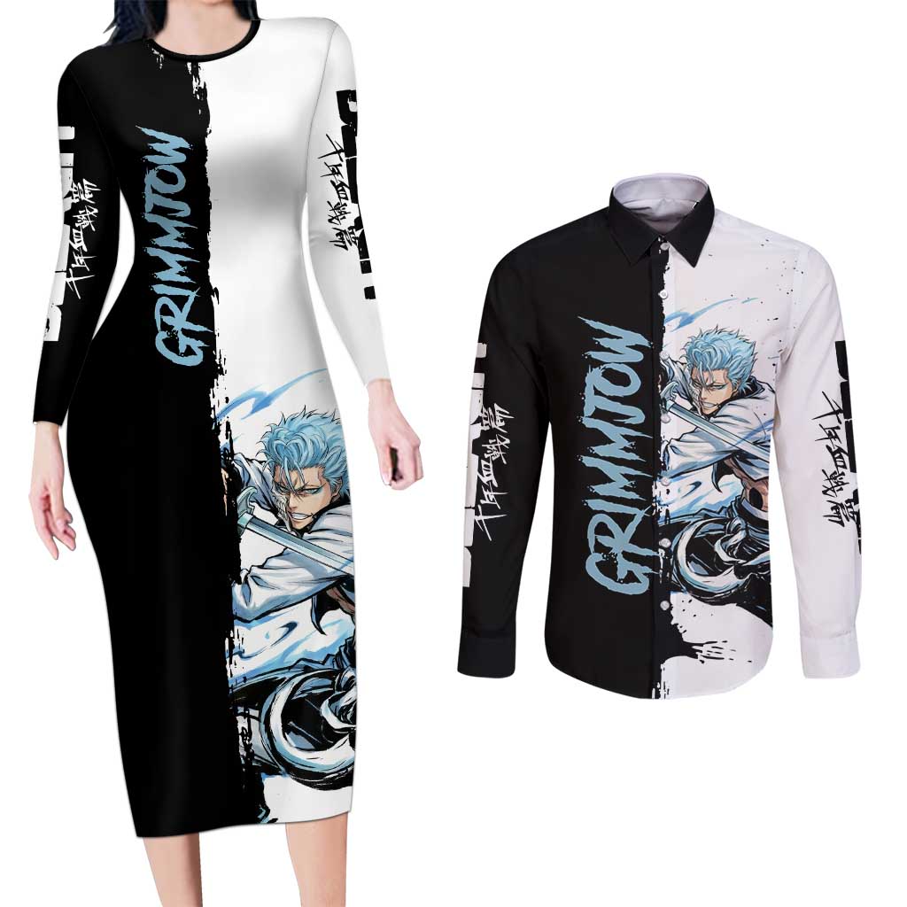 Personalized Grimmjow Jaegerjaquez Couples Matching Long Sleeve Bodycon Dress and Long Sleeve Button Shirt Ink Splash Anime Brush Style