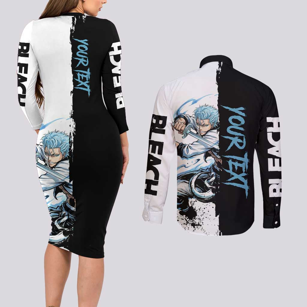 Personalized Grimmjow Jaegerjaquez Couples Matching Long Sleeve Bodycon Dress and Long Sleeve Button Shirt Ink Splash Anime Brush Style