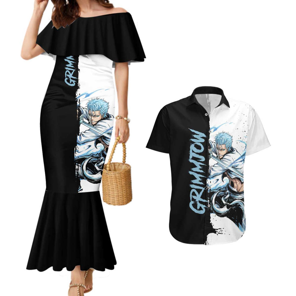 Personalized Grimmjow Jaegerjaquez Couples Matching Mermaid Dress and Hawaiian Shirt Ink Splash Anime Brush Style
