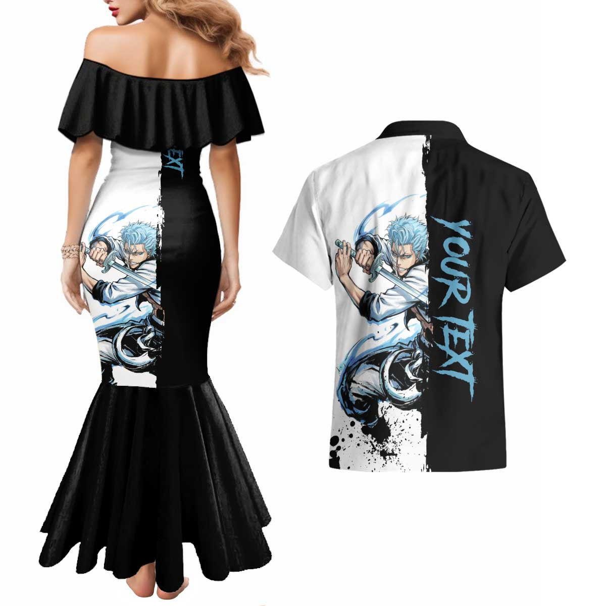 Personalized Grimmjow Jaegerjaquez Couples Matching Mermaid Dress and Hawaiian Shirt Ink Splash Anime Brush Style
