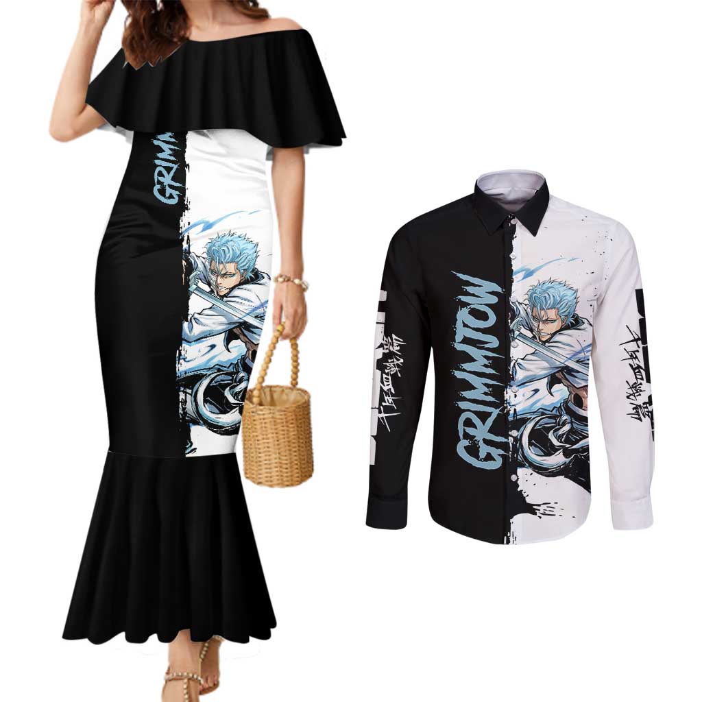 Personalized Grimmjow Jaegerjaquez Couples Matching Mermaid Dress and Long Sleeve Button Shirt Ink Splash Anime Brush Style
