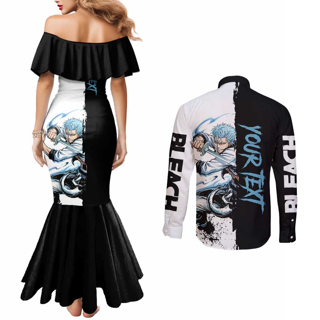 Personalized Grimmjow Jaegerjaquez Couples Matching Mermaid Dress and Long Sleeve Button Shirt Ink Splash Anime Brush Style