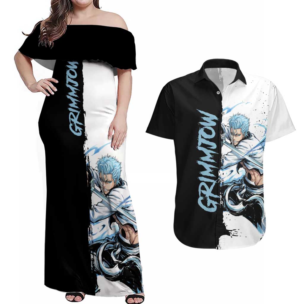 Personalized Grimmjow Jaegerjaquez Couples Matching Off Shoulder Maxi Dress and Hawaiian Shirt Ink Splash Anime Brush Style