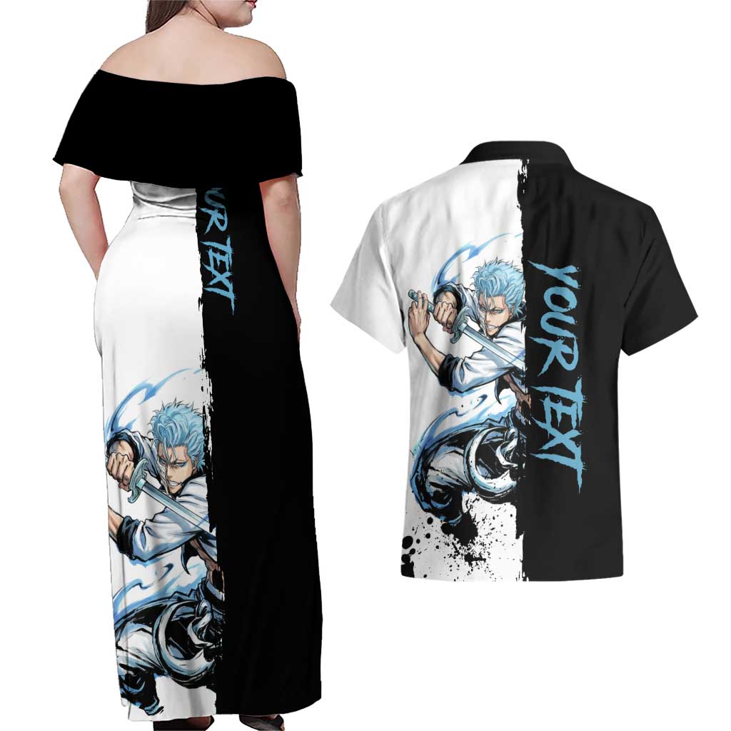 Personalized Grimmjow Jaegerjaquez Couples Matching Off Shoulder Maxi Dress and Hawaiian Shirt Ink Splash Anime Brush Style