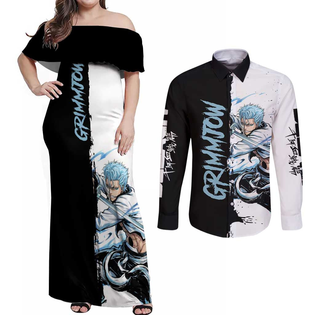 Personalized Grimmjow Jaegerjaquez Couples Matching Off Shoulder Maxi Dress and Long Sleeve Button Shirt Ink Splash Anime Brush Style