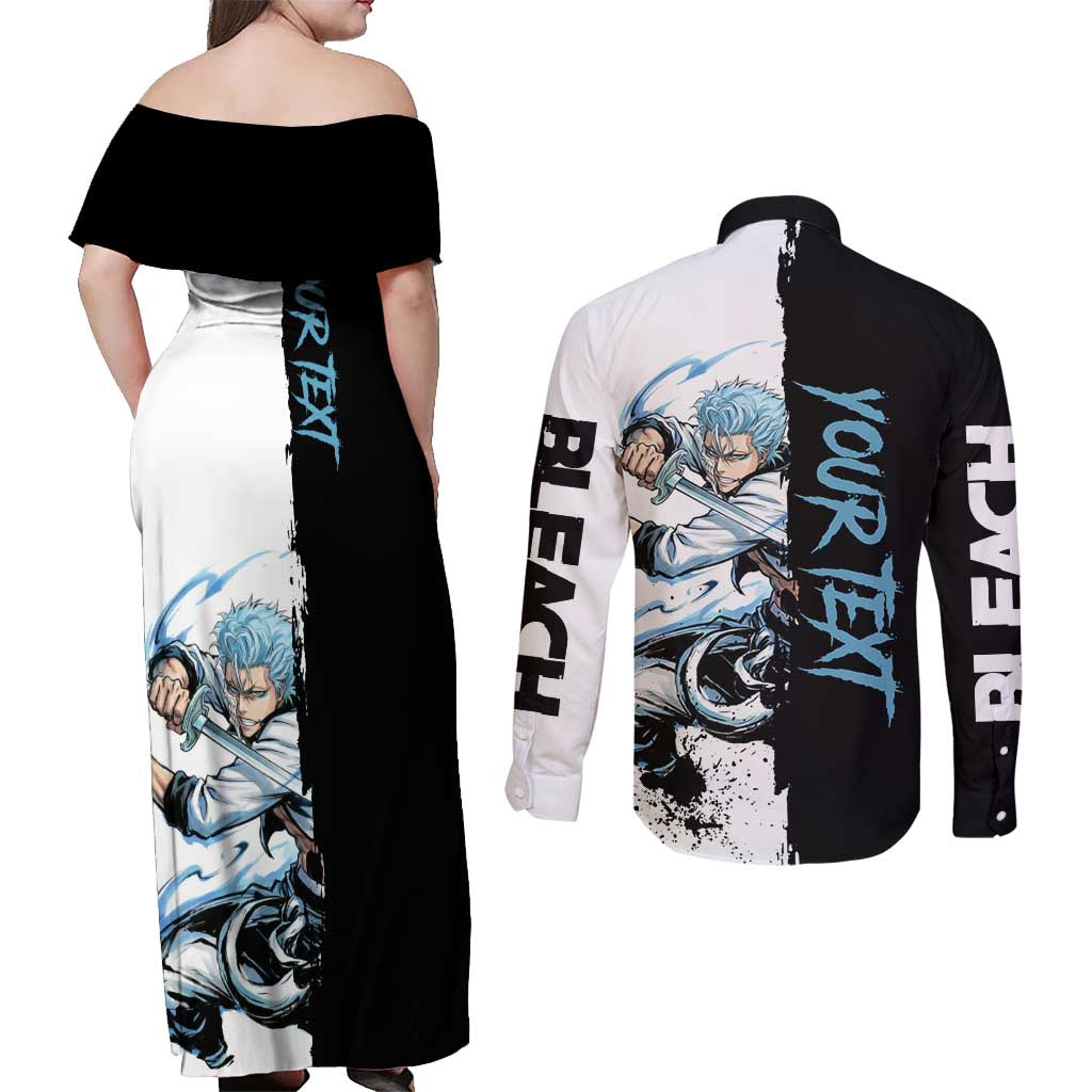 Personalized Grimmjow Jaegerjaquez Couples Matching Off Shoulder Maxi Dress and Long Sleeve Button Shirt Ink Splash Anime Brush Style