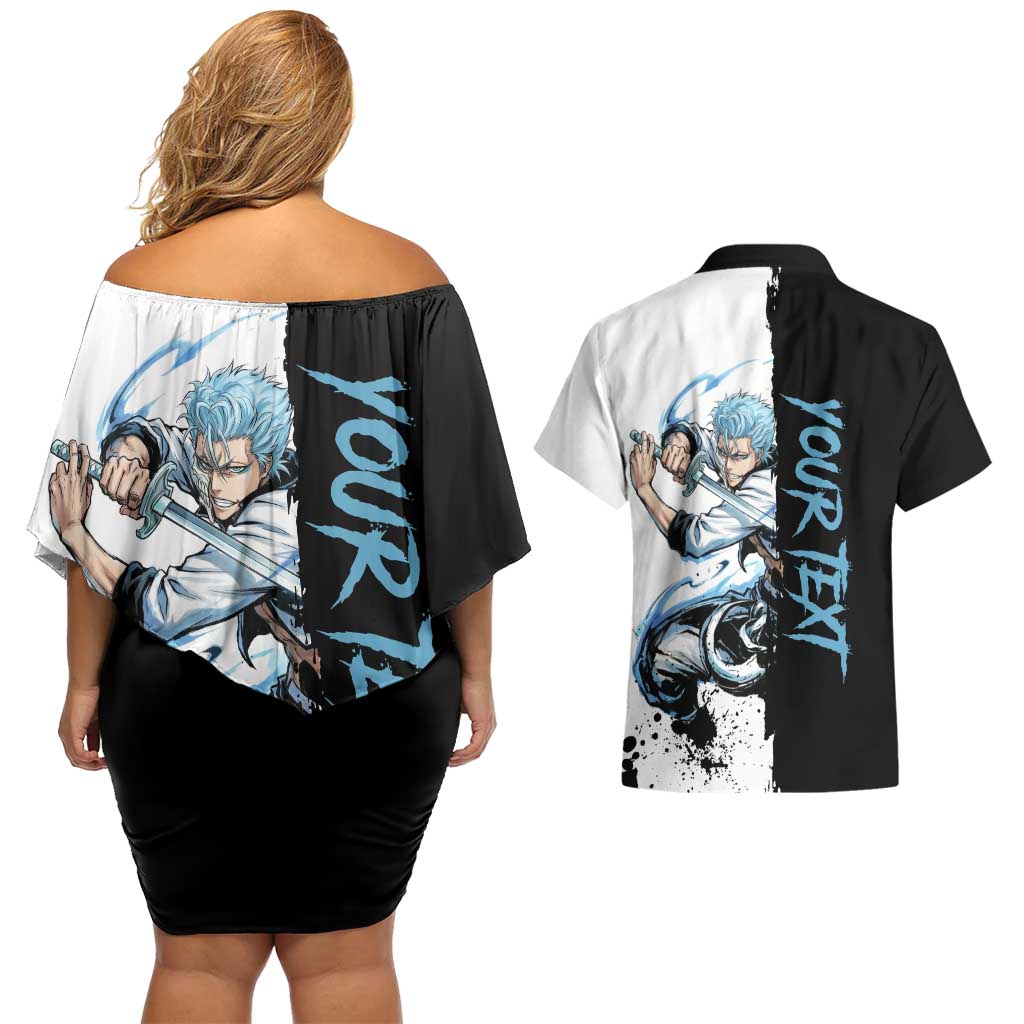 Personalized Grimmjow Jaegerjaquez Couples Matching Off Shoulder Short Dress and Hawaiian Shirt Ink Splash Anime Brush Style