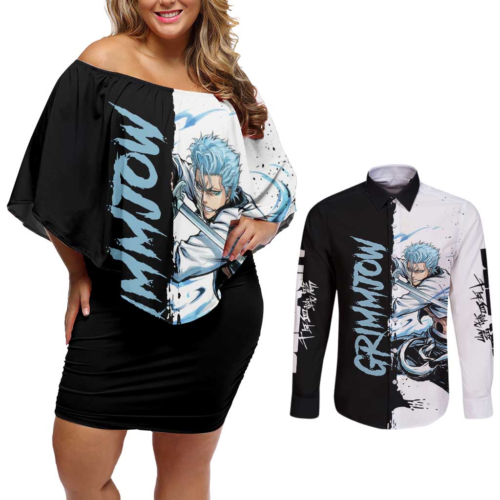 Personalized Grimmjow Jaegerjaquez Couples Matching Off Shoulder Short Dress and Long Sleeve Button Shirt Ink Splash Anime Brush Style