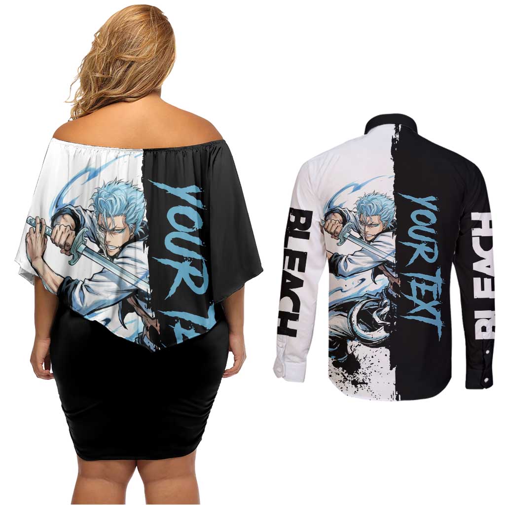 Personalized Grimmjow Jaegerjaquez Couples Matching Off Shoulder Short Dress and Long Sleeve Button Shirt Ink Splash Anime Brush Style