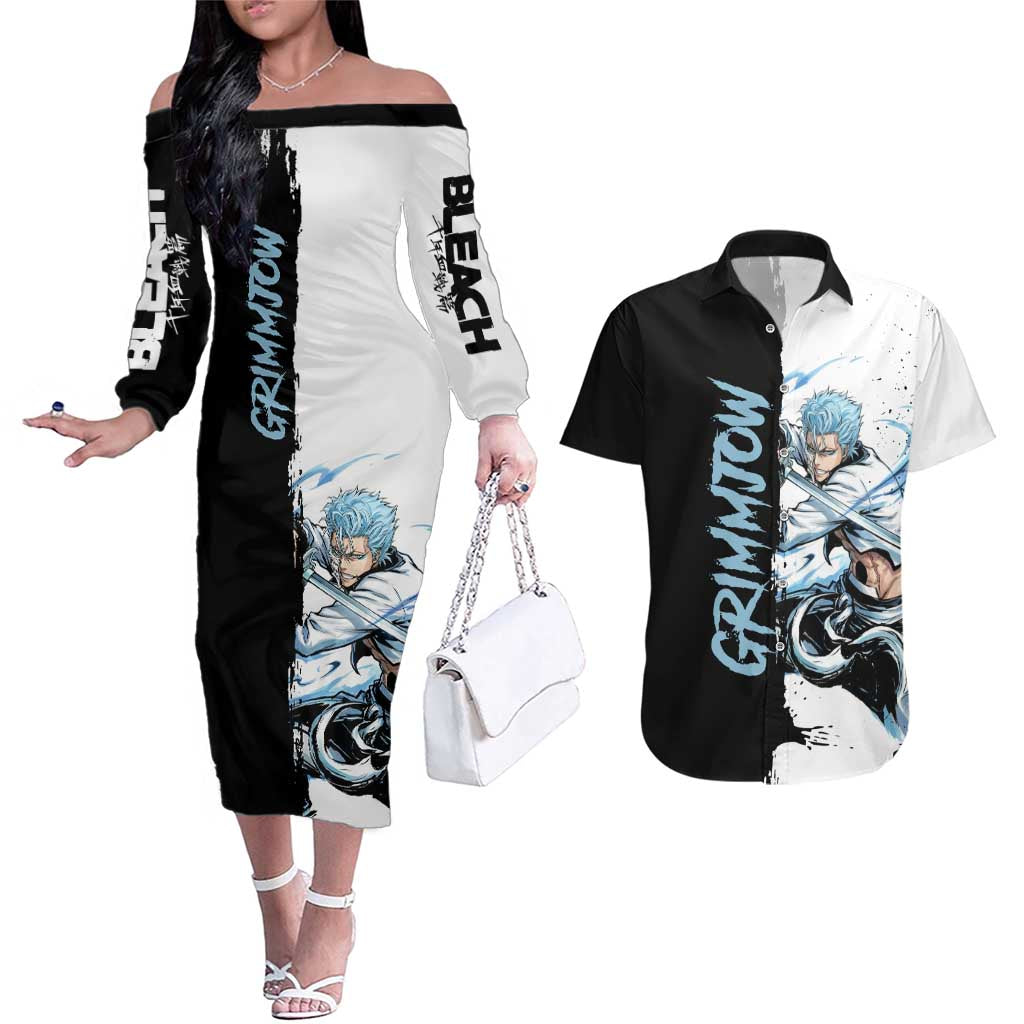 Personalized Grimmjow Jaegerjaquez Couples Matching Off The Shoulder Long Sleeve Dress and Hawaiian Shirt Ink Splash Anime Brush Style