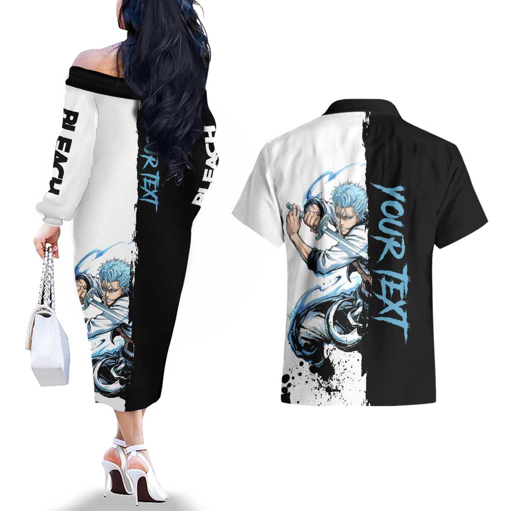 Personalized Grimmjow Jaegerjaquez Couples Matching Off The Shoulder Long Sleeve Dress and Hawaiian Shirt Ink Splash Anime Brush Style