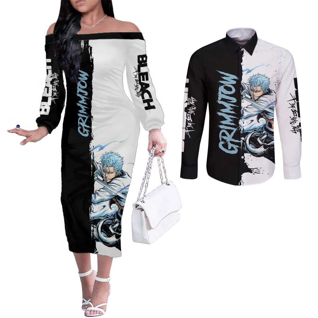 Personalized Grimmjow Jaegerjaquez Couples Matching Off The Shoulder Long Sleeve Dress and Long Sleeve Button Shirt Ink Splash Anime Brush Style
