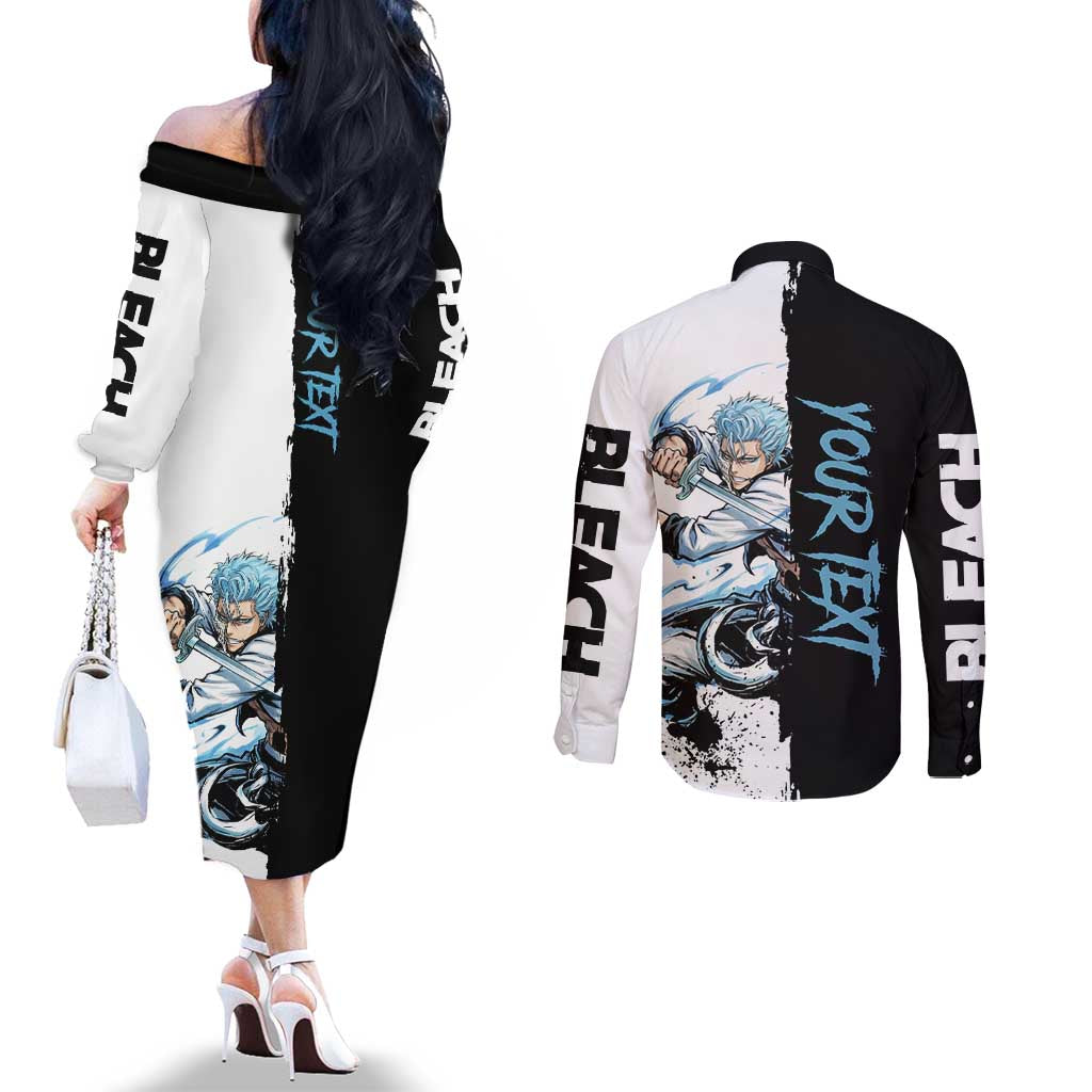 Personalized Grimmjow Jaegerjaquez Couples Matching Off The Shoulder Long Sleeve Dress and Long Sleeve Button Shirt Ink Splash Anime Brush Style