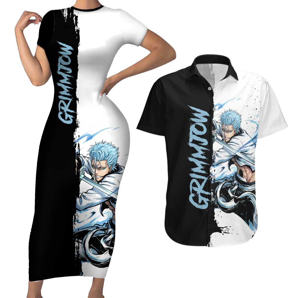 Personalized Grimmjow Jaegerjaquez Couples Matching Short Sleeve Bodycon Dress and Hawaiian Shirt Ink Splash Anime Brush Style