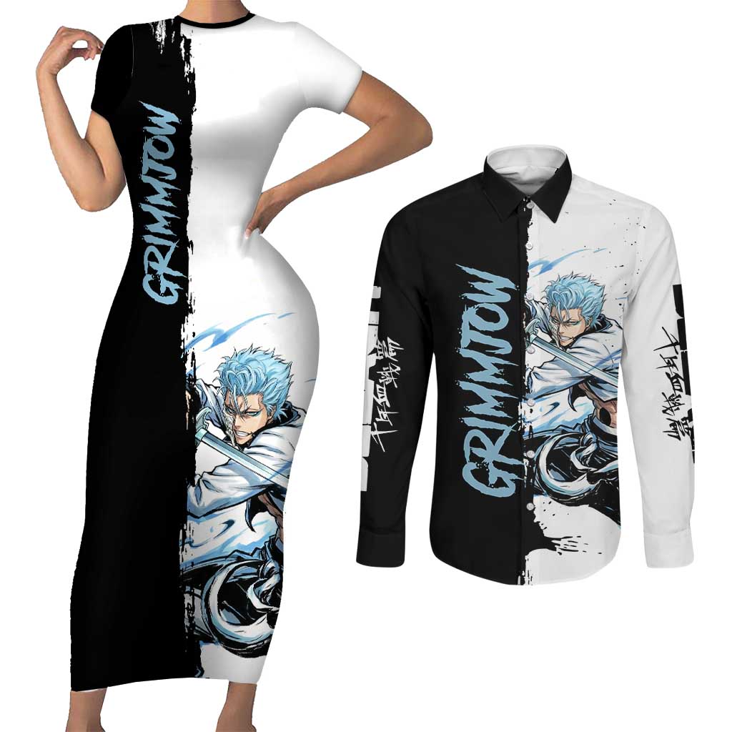Personalized Grimmjow Jaegerjaquez Couples Matching Short Sleeve Bodycon Dress and Long Sleeve Button Shirt Ink Splash Anime Brush Style
