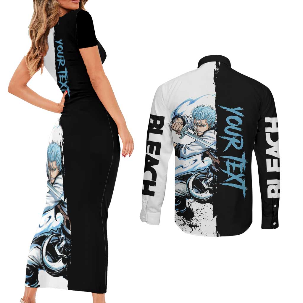 Personalized Grimmjow Jaegerjaquez Couples Matching Short Sleeve Bodycon Dress and Long Sleeve Button Shirt Ink Splash Anime Brush Style