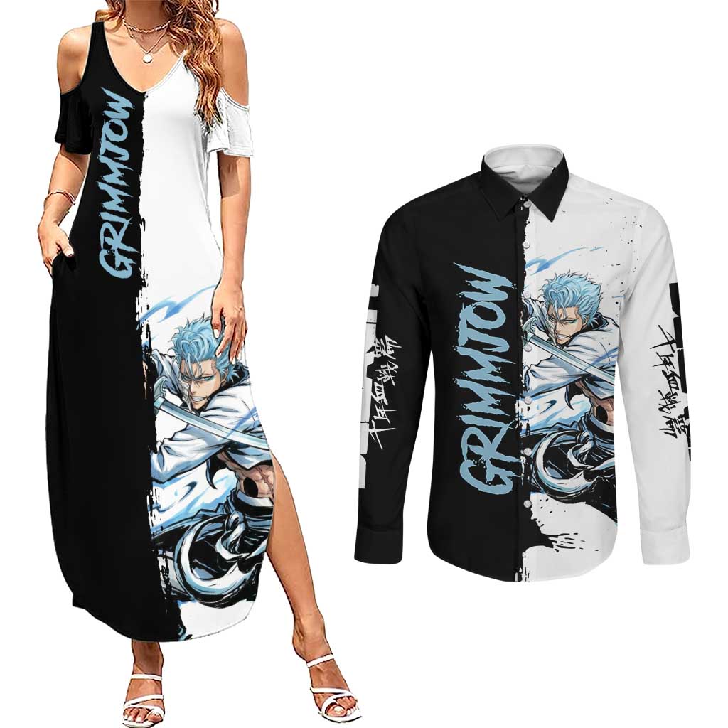 Personalized Grimmjow Jaegerjaquez Couples Matching Summer Maxi Dress and Long Sleeve Button Shirt Ink Splash Anime Brush Style
