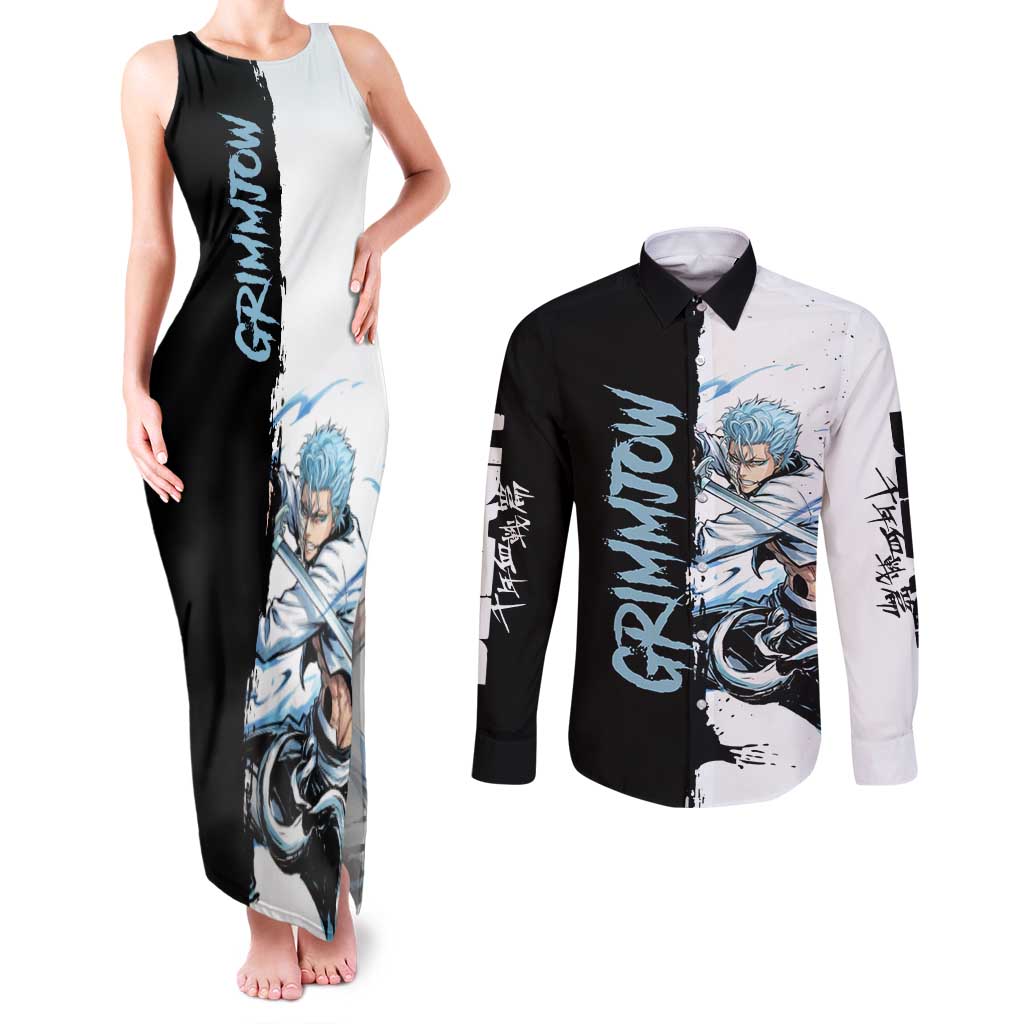 Personalized Grimmjow Jaegerjaquez Couples Matching Tank Maxi Dress and Long Sleeve Button Shirt Ink Splash Anime Brush Style